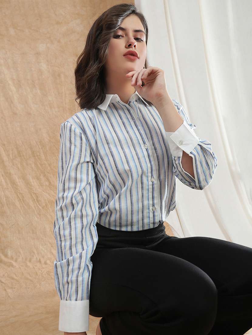 globus women blue striped spread collar cuffed sleeve formal shirt 
