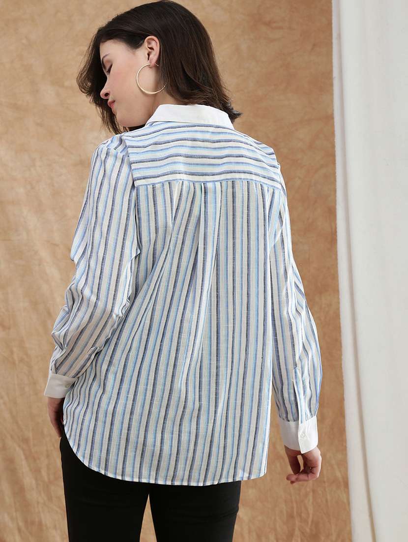 globus women blue striped spread collar cuffed sleeve formal shirt  - 22174045 -  Standard Image - 2