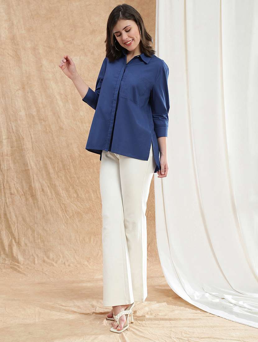 globus women blue spread collar cuffed sleeve patch pocket high-low hem oversized shirt  - 22174047 -  Standard Image - 2