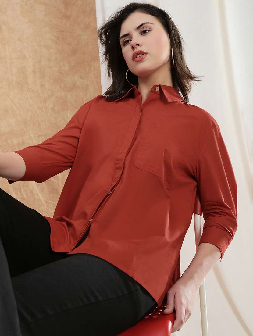 globus women rust spread collar cuffed sleeve patch pocket high-low hem oversized shirt 