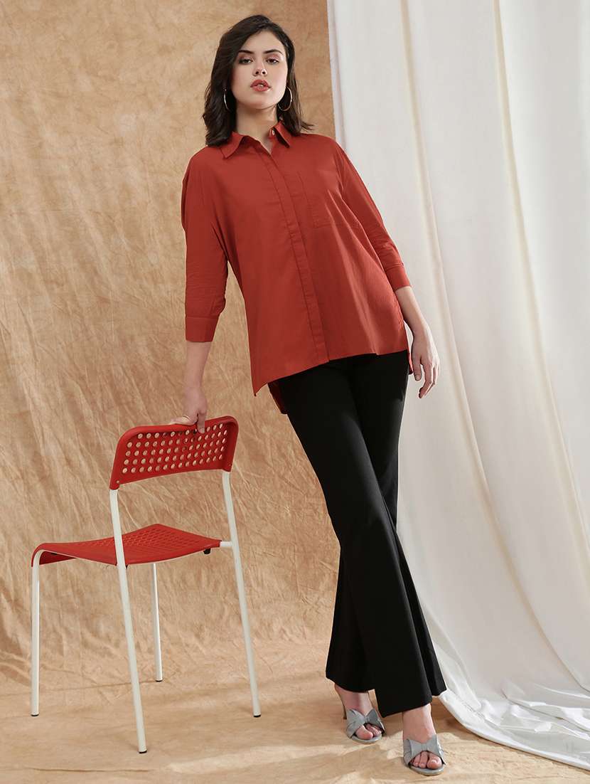 globus women rust spread collar cuffed sleeve patch pocket high-low hem oversized shirt  - 22174048 -  Standard Image - 2