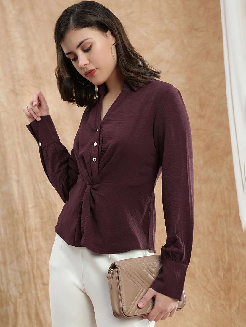 globus women maroon spread collar cuffed sleeve twisted detail formal shirt - 22174050 -  Standard Image - 2