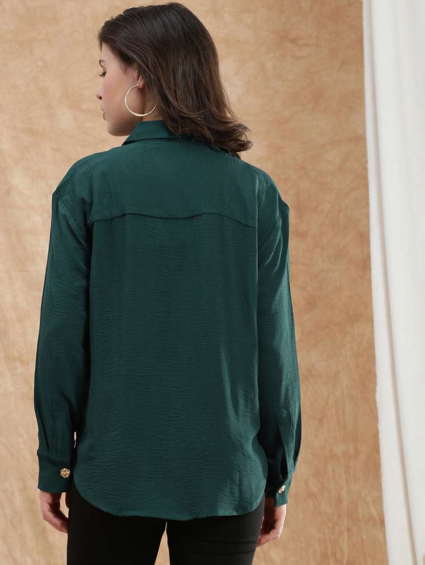 globus women teal spread collar cuffed sleeve curved hem oversized formal shirt - 22174052 -  Standard Image - 2