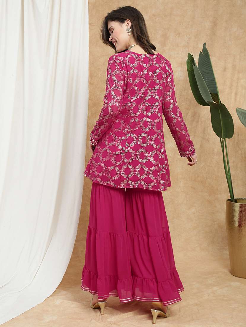 globus women pink v-neck gold foil print & mirror work lace detail a-line tunic & sharara festive co-ord set - 22174055 -  Standard Image - 2