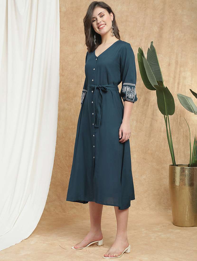 globus women navy blue v-neck bishop sleeves embroidered detail waist tie-ups button-down a-line midi fusion dress - 22174057 -  Standard Image - 2