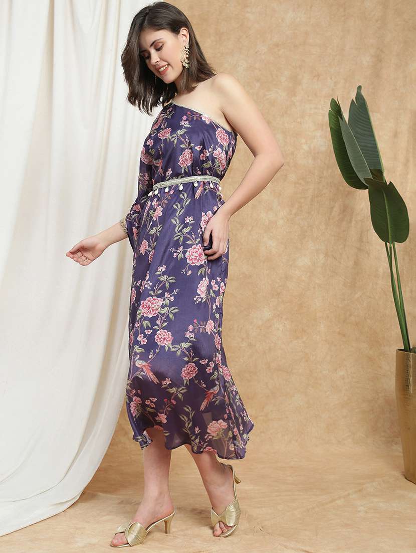 globus women purple floral print one shoulder kaftan embellished tie up detail asymmetric hem maxi dress with belt - 22174058 -  Standard Image - 2