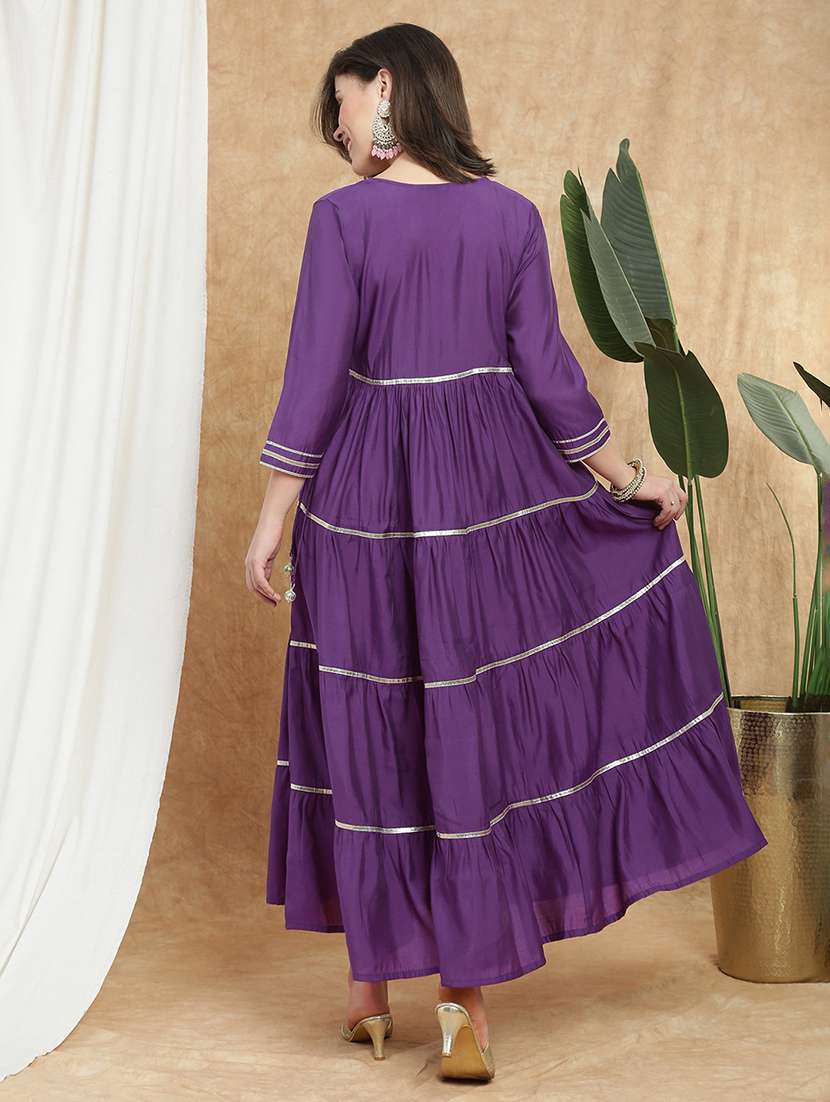 women solid with work three quarter sleeve tiered ethnic dress - 22174060 -  Standard Image - 2