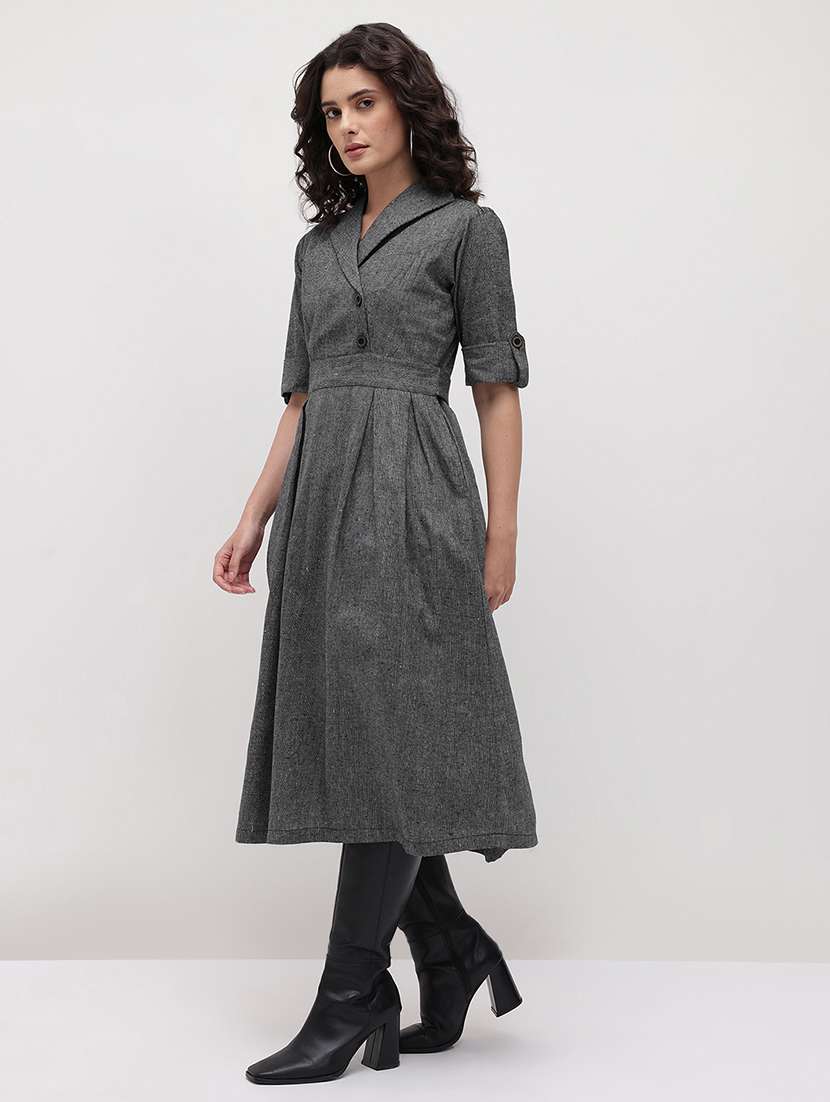women solid three quarter sleeve dress - 22174087 -  Standard Image - 2