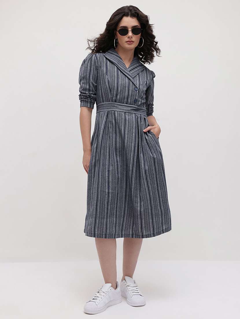 women striped three quarter sleeve dress