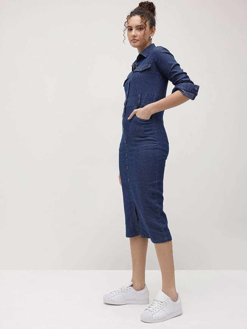 women solid collared long sleeve shirt dress - 22174104 -  Standard Image - 2