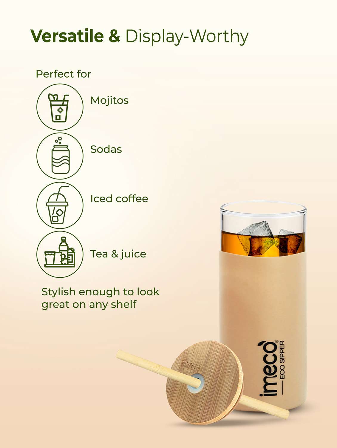 imeco eco-sipper borosilicate glass sipper with bamboo straw 450 ml - peach - 22174105 -  Standard Image - 2