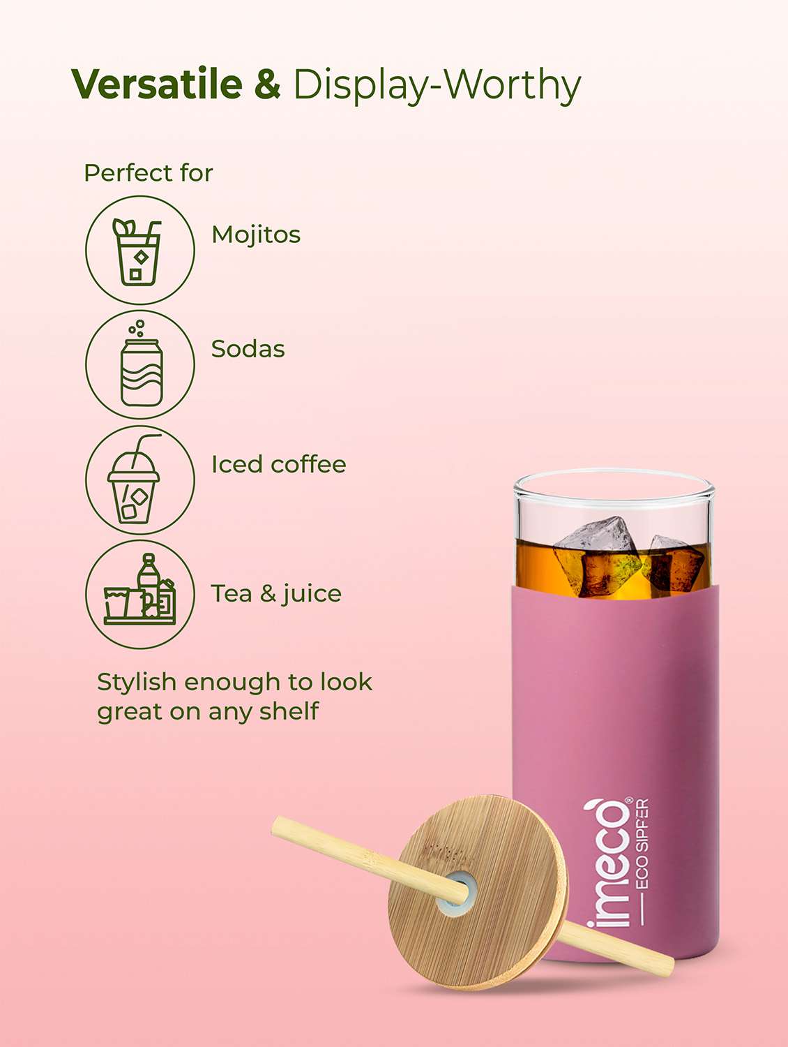 imeco eco-sipper borosilicate glass sipper with bamboo straw 450 ml - peach - 22174108 -  Standard Image - 2