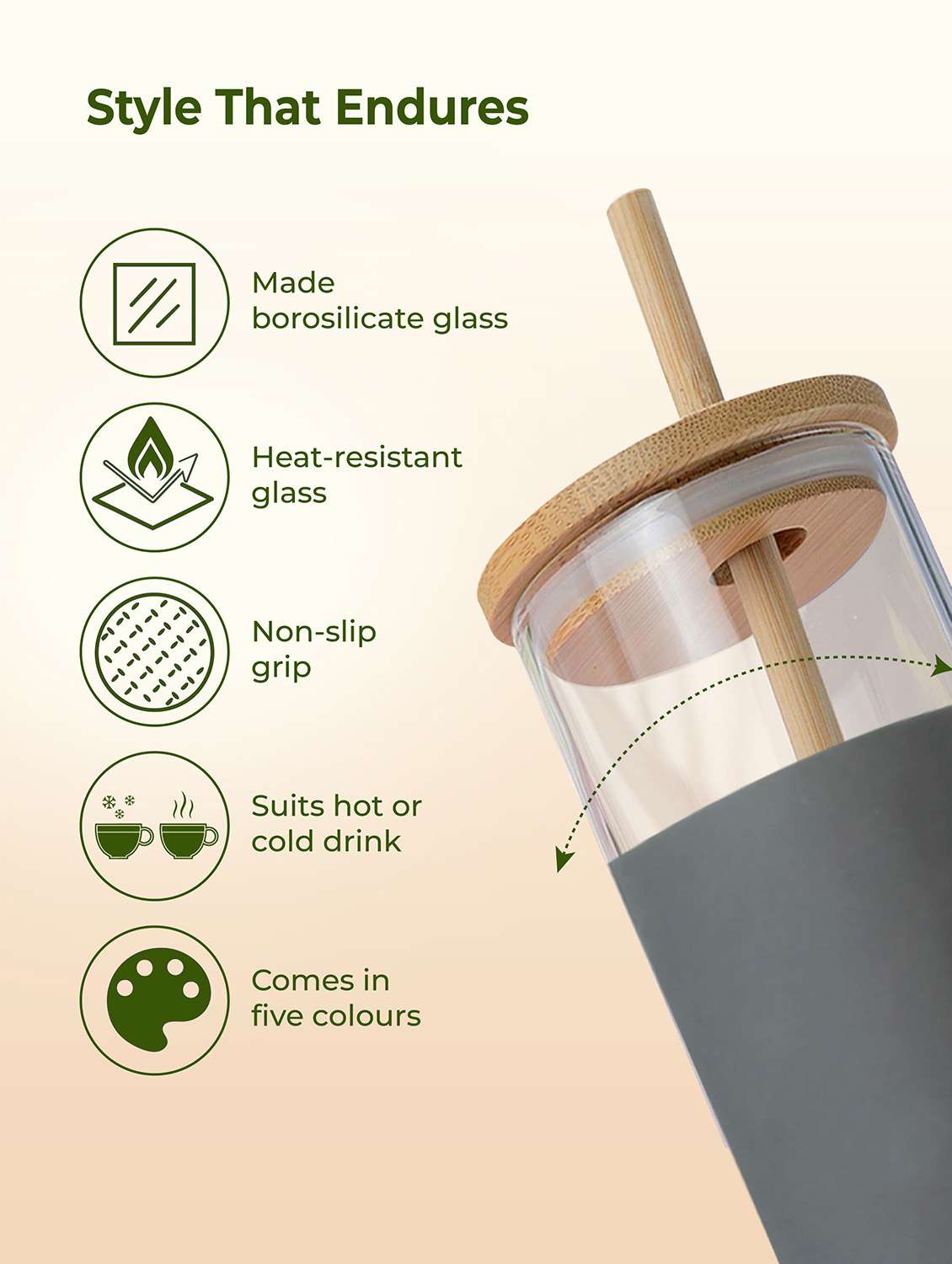 imeco eco-sipper borosilicate glass sipper with bamboo straw 450 ml - peach - 22174109 -  Standard Image - 2