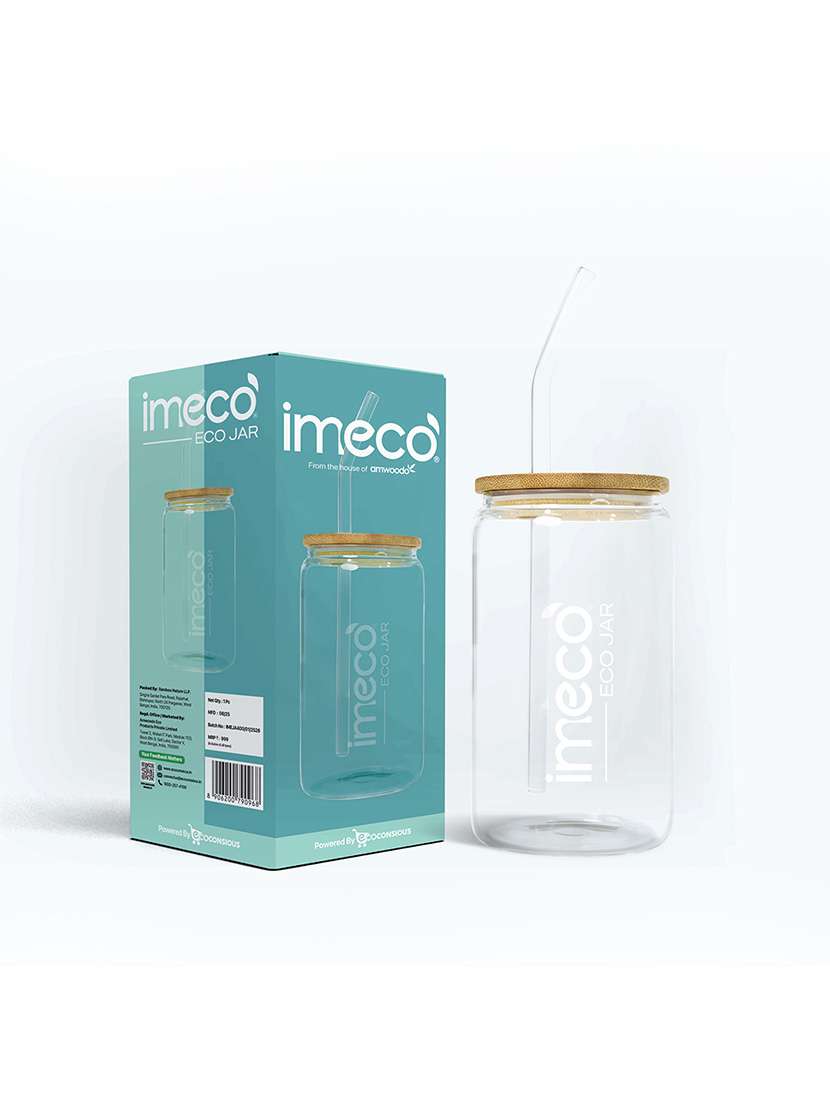 imeco eco jar borosilicate glass sipper with bamboo lid & straw for smoothies, juices, cold coffee - 400 ml