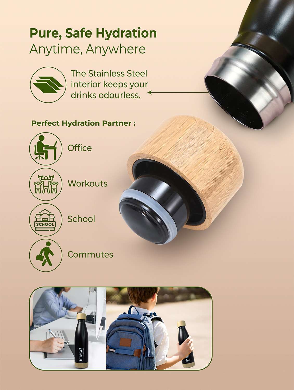 imeco eco style stainless steel water bottle with bamboo base 500 ml - black - 22174121 -  Standard Image - 2