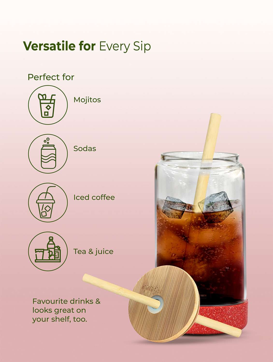 imeco eco cryst borosilicate glass sipper with bamboo lid & reusable straw 500 ml - light green - 22174131 -  Standard Image - 2