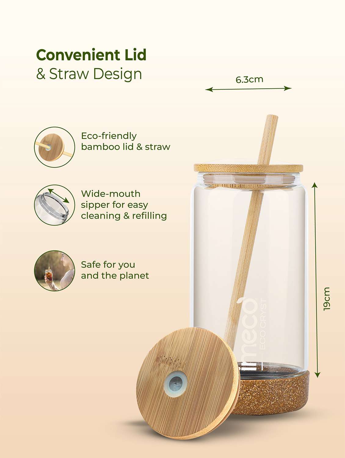 imeco eco cryst borosilicate glass sipper with bamboo lid & reusable straw 500 ml - light green - 22174133 -  Standard Image - 2