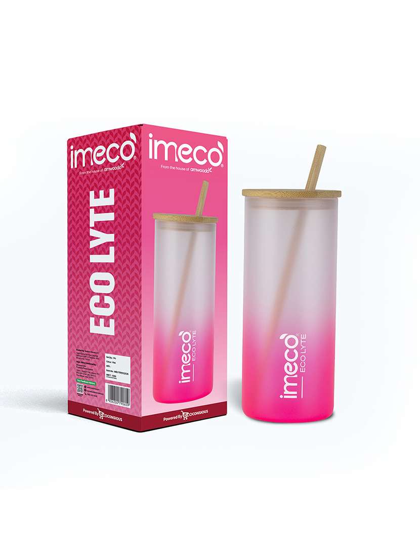imeco eco lyte borosilicate glass sipper with bamboo lid & reusable straw 600 ml - pink
