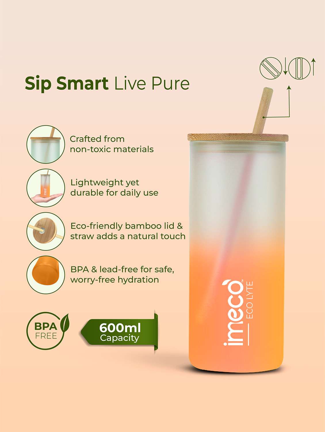 imeco eco lyte borosilicate glass sipper with bamboo lid & reusable straw 600 ml - pink - 22174135 -  Standard Image - 2