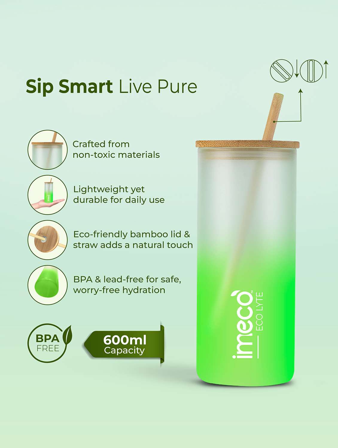 imeco eco lyte borosilicate glass sipper with bamboo lid & reusable straw 600 ml - pink - 22174137 -  Standard Image - 2