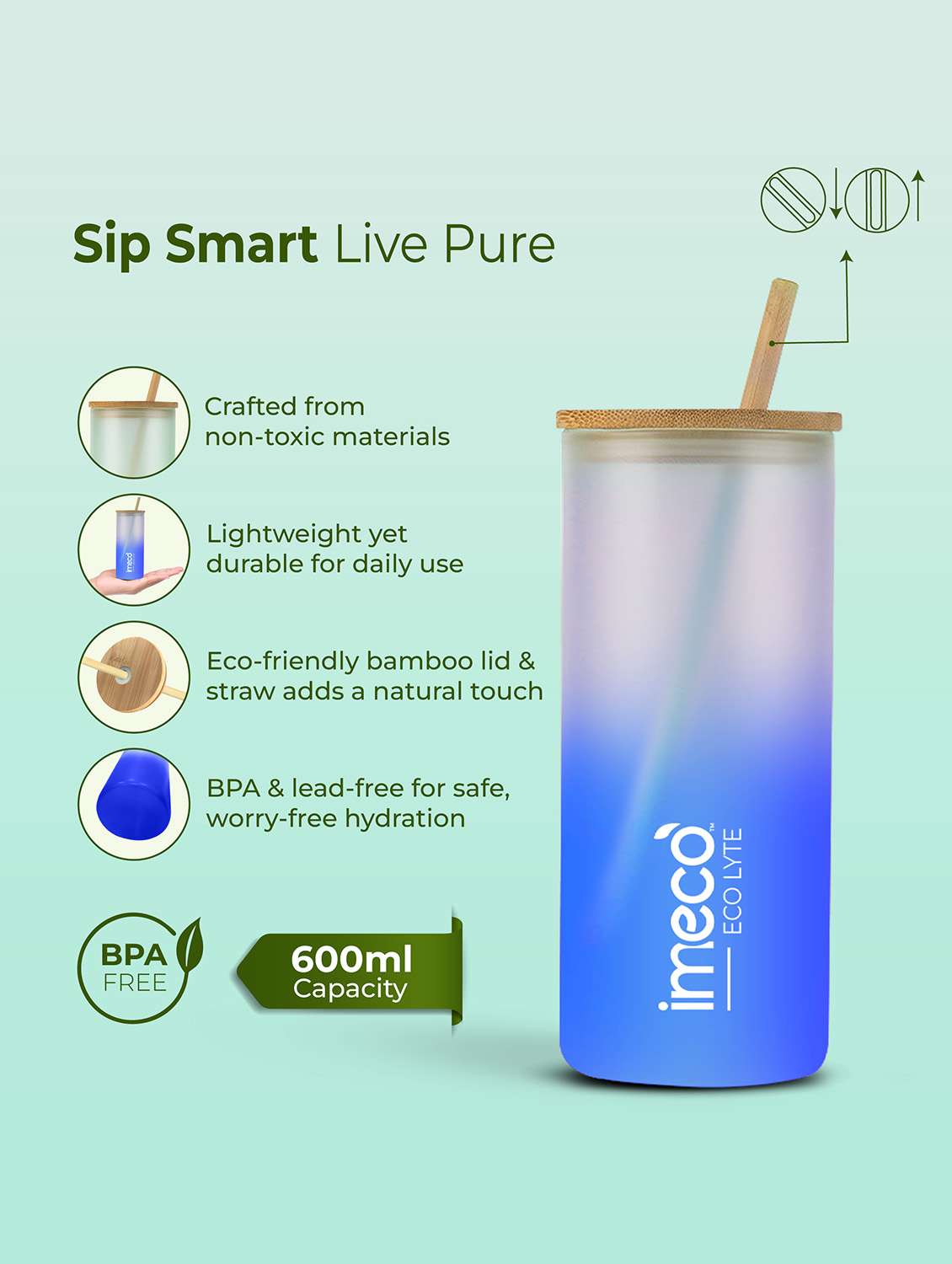 imeco eco lyte borosilicate glass sipper with bamboo lid & reusable straw 600 ml - pink - 22174138 -  Standard Image - 2