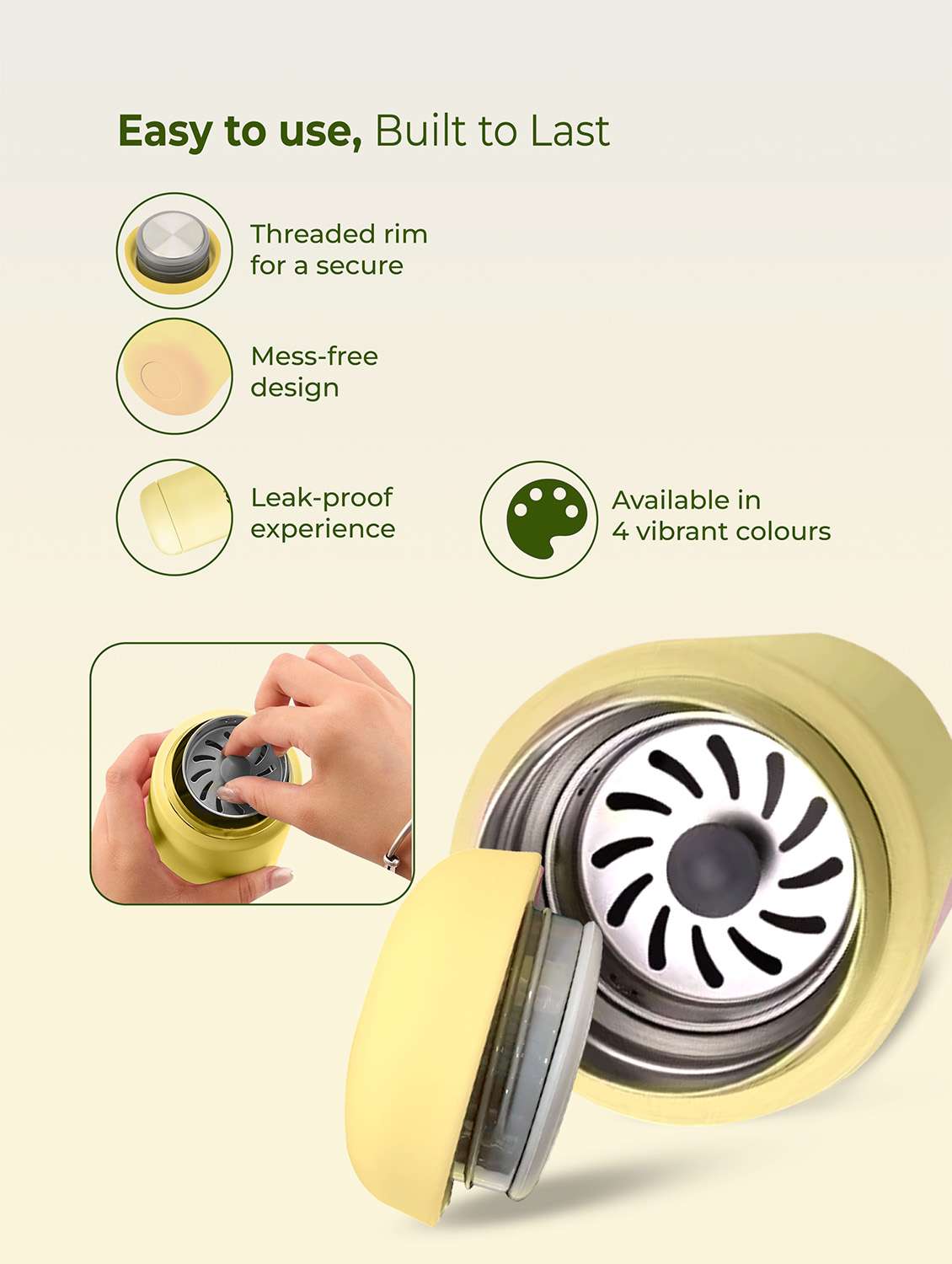 imeco eco reva capsule shaped stainless steel insulated vacuum flask upto 7 hrs hot & cold 400 ml - light yellow - 22174139 -  Standard Image - 2