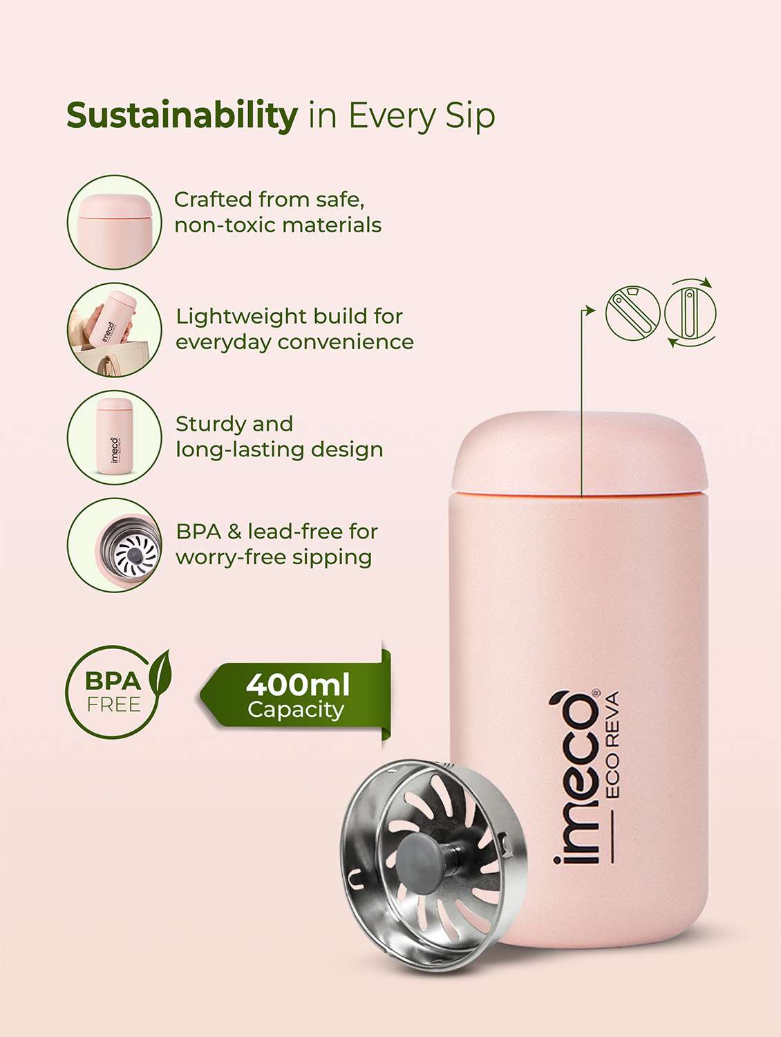 imeco eco reva capsule shaped stainless steel insulated vacuum flask upto 7 hrs hot & cold 400 ml - light yellow - 22174140 -  Standard Image - 2