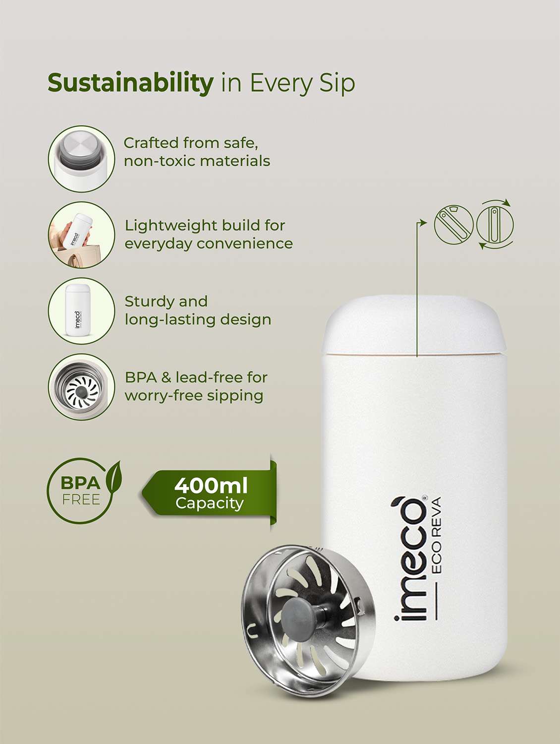 imeco eco reva capsule shaped stainless steel insulated vacuum flask upto 7 hrs hot & cold 400 ml - light yellow - 22174141 -  Standard Image - 2