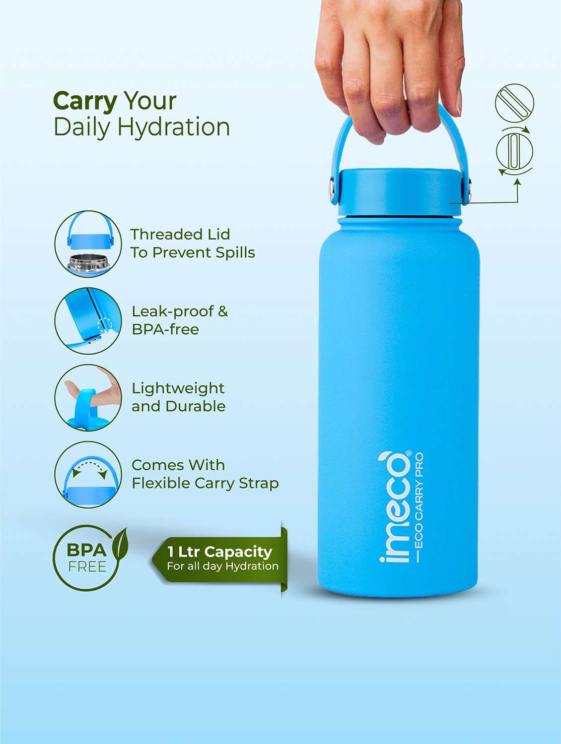 imeco eco carry pro matte finish stainless steel water bottle 1 litre - blue - 22174143 -  Standard Image - 2