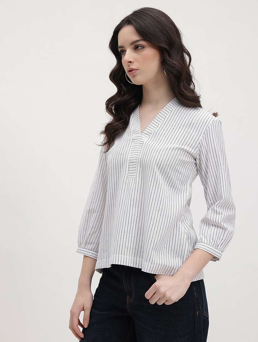 women striped puff sleeve regular top - 22174704 -  Standard Image - 2