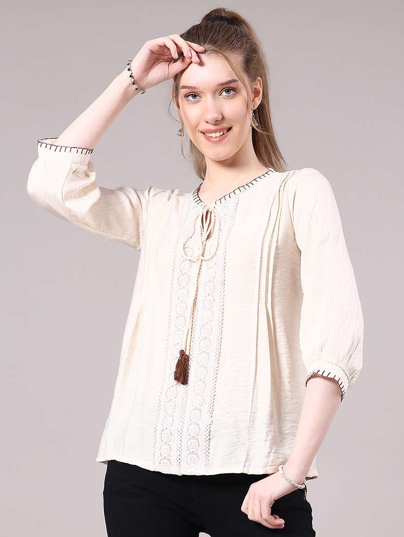 women solid three quarter sleeve a-line top - 22174844 -  Standard Image - 2