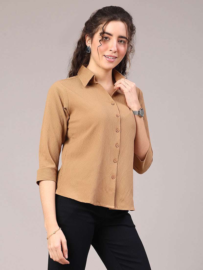 women solid collared three quarter sleeve shirt - 22174917 -  Standard Image - 2