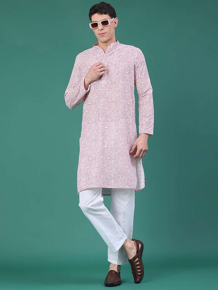 men printed long sleeve kurta set