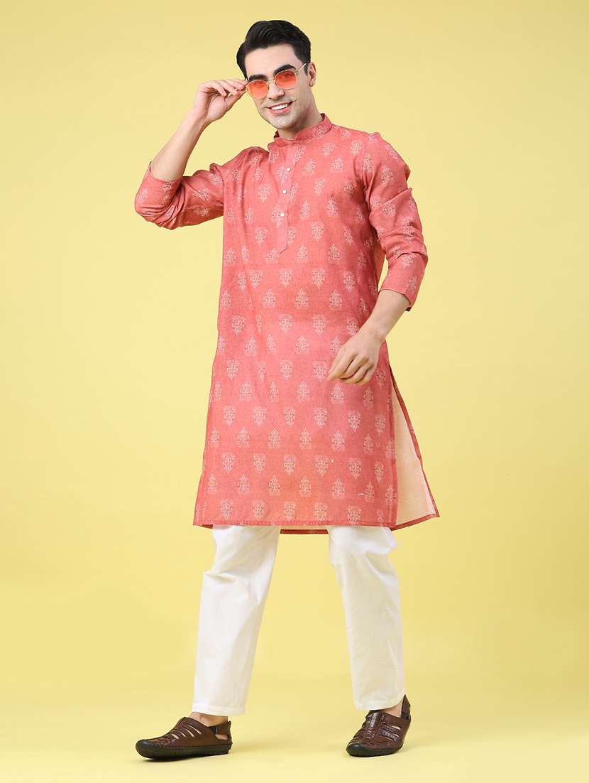 men printed long sleeve kurta set