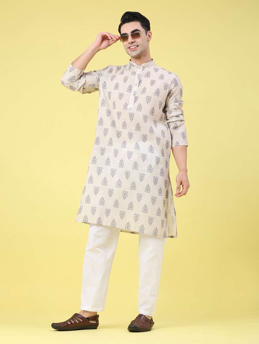 men printed long sleeve kurta set