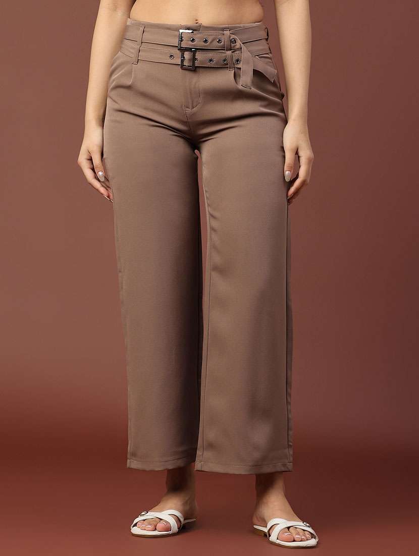 women solid mid rise straight trouser