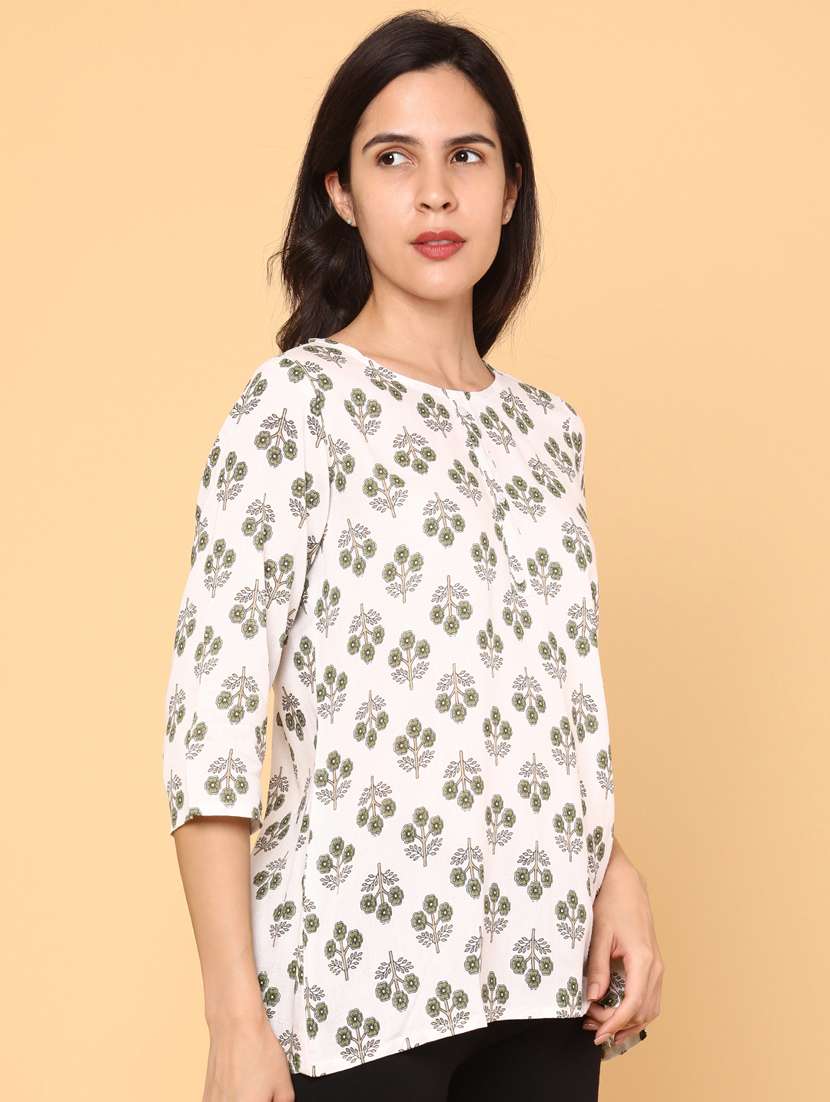 women floral three quarter sleeve straight kurti - 22175318 -  Standard Image - 2