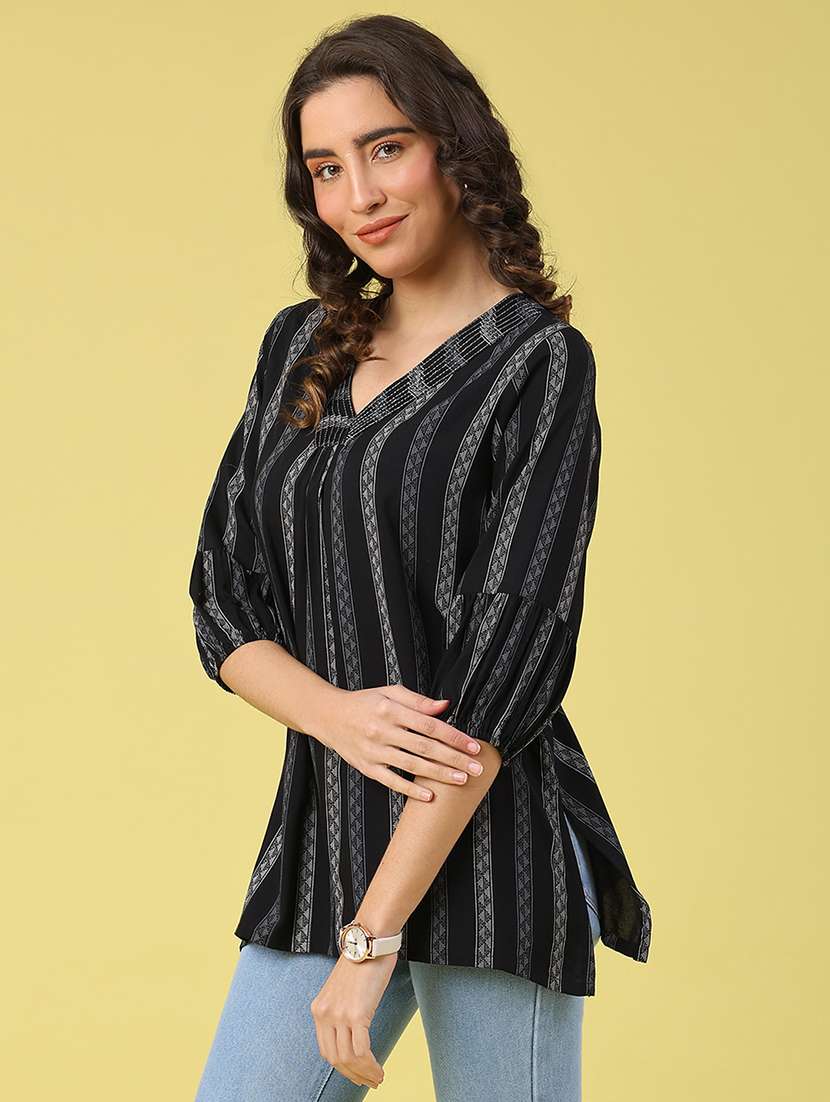 women striped three quarter sleeve a-line kurti - 22175323 -  Standard Image - 2