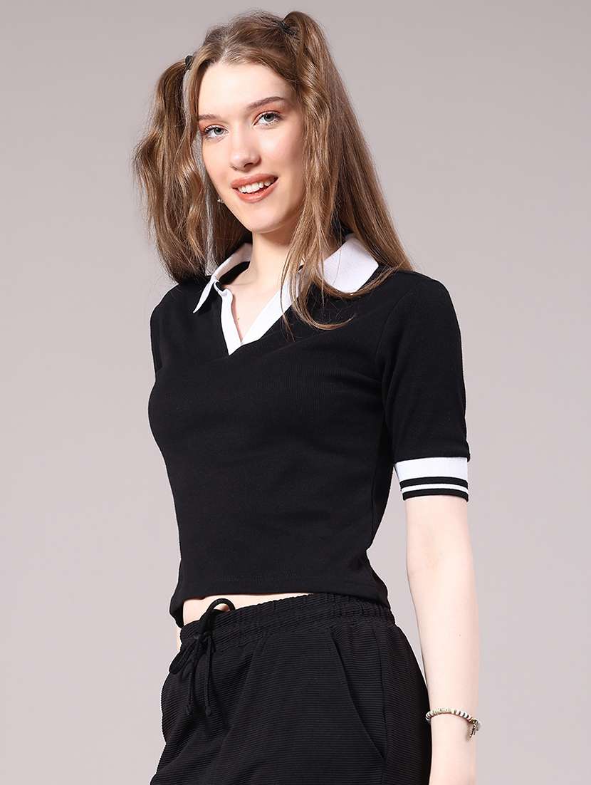 women solid short sleeve crop polo t-shirt - 22175439 -  Standard Image - 2