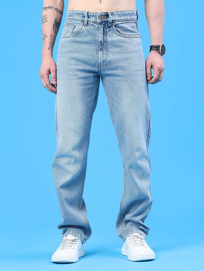 men washed mid rise full length straight jeans