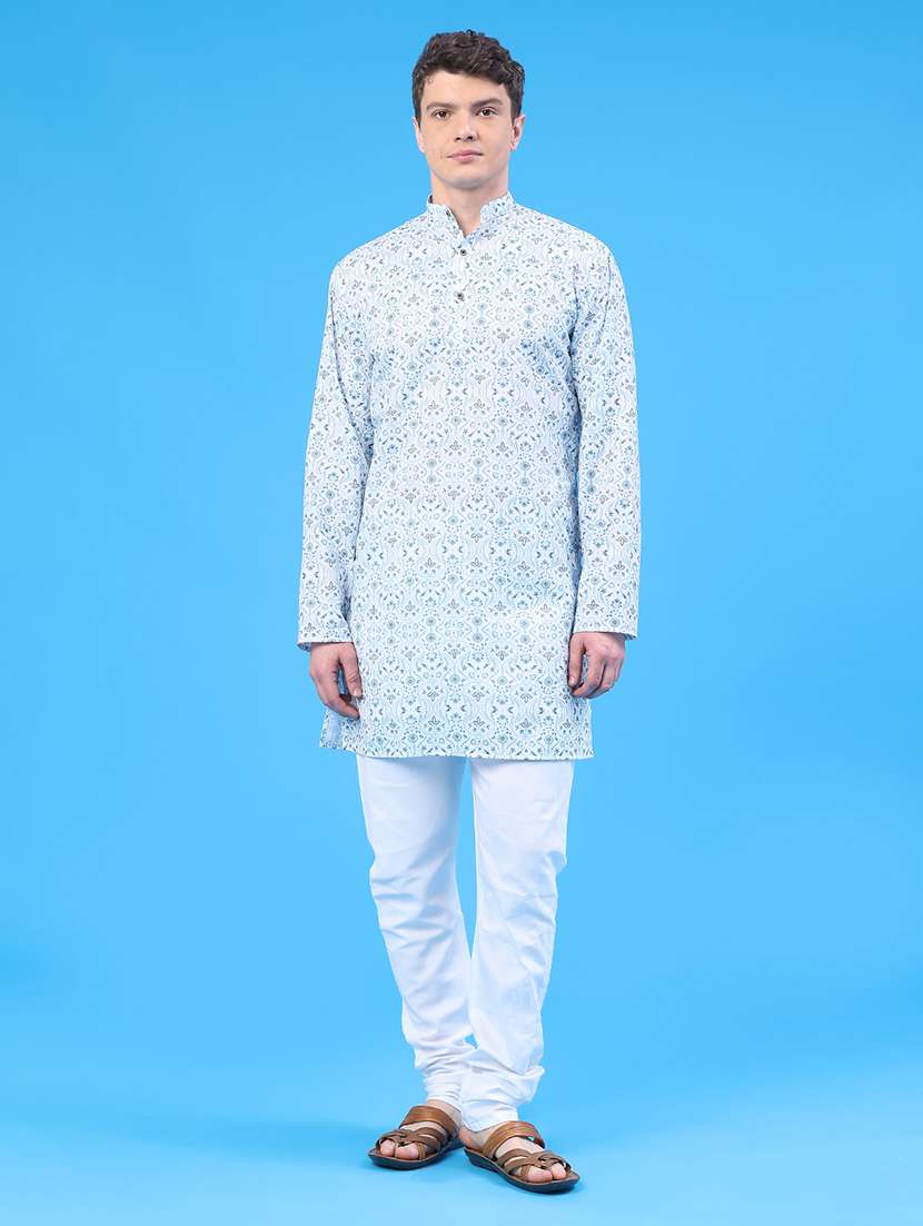 Men Printed Mandarin Neck Kurta Churidar Ethnic Wear Set - 22176378 -  Standard Image - 2
