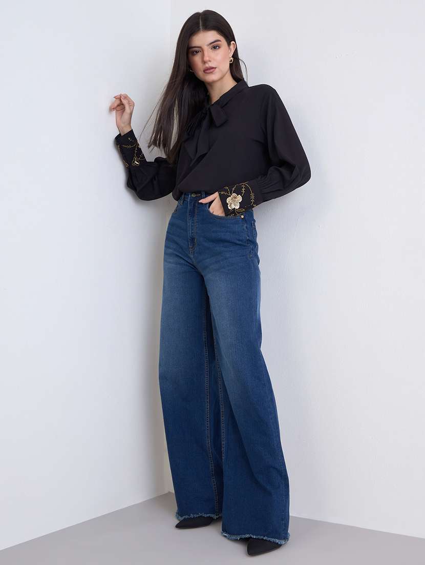 women solid tie-up neck long sleeve regular top - 22176576 -  Standard Image - 2