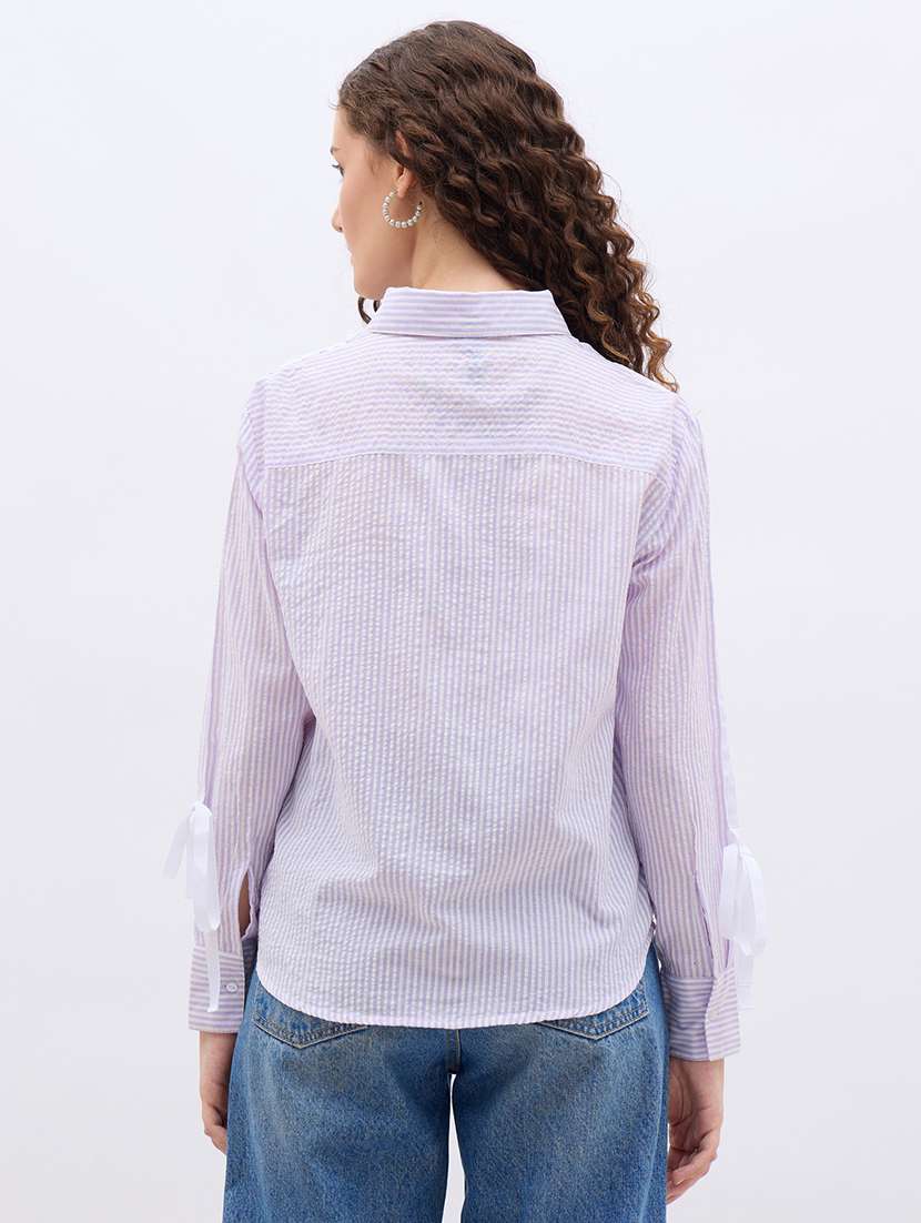 women striped collared long sleeve high rise shirt - 22176582 -  Standard Image - 2