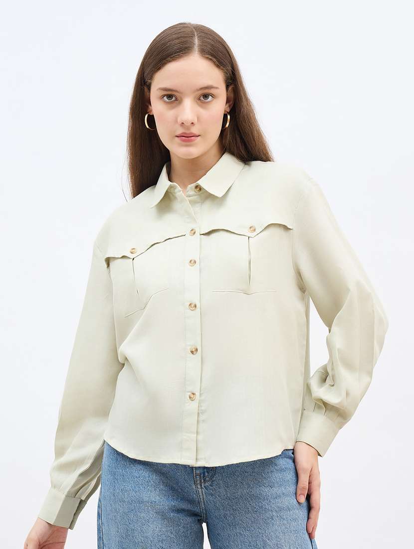 women solid collared long sleeve regular shirt