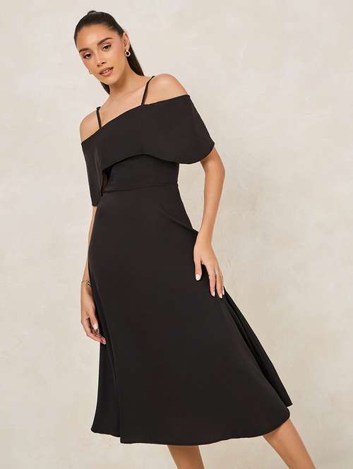 women black solid off shoulder strap a-line dress - 22176593 -  Standard Image - 0