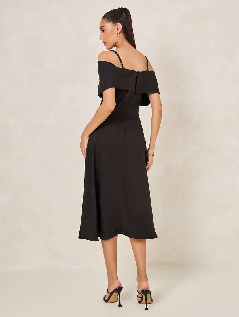 women black solid off shoulder strap a-line dress - 22176593 -  Standard Image - 2
