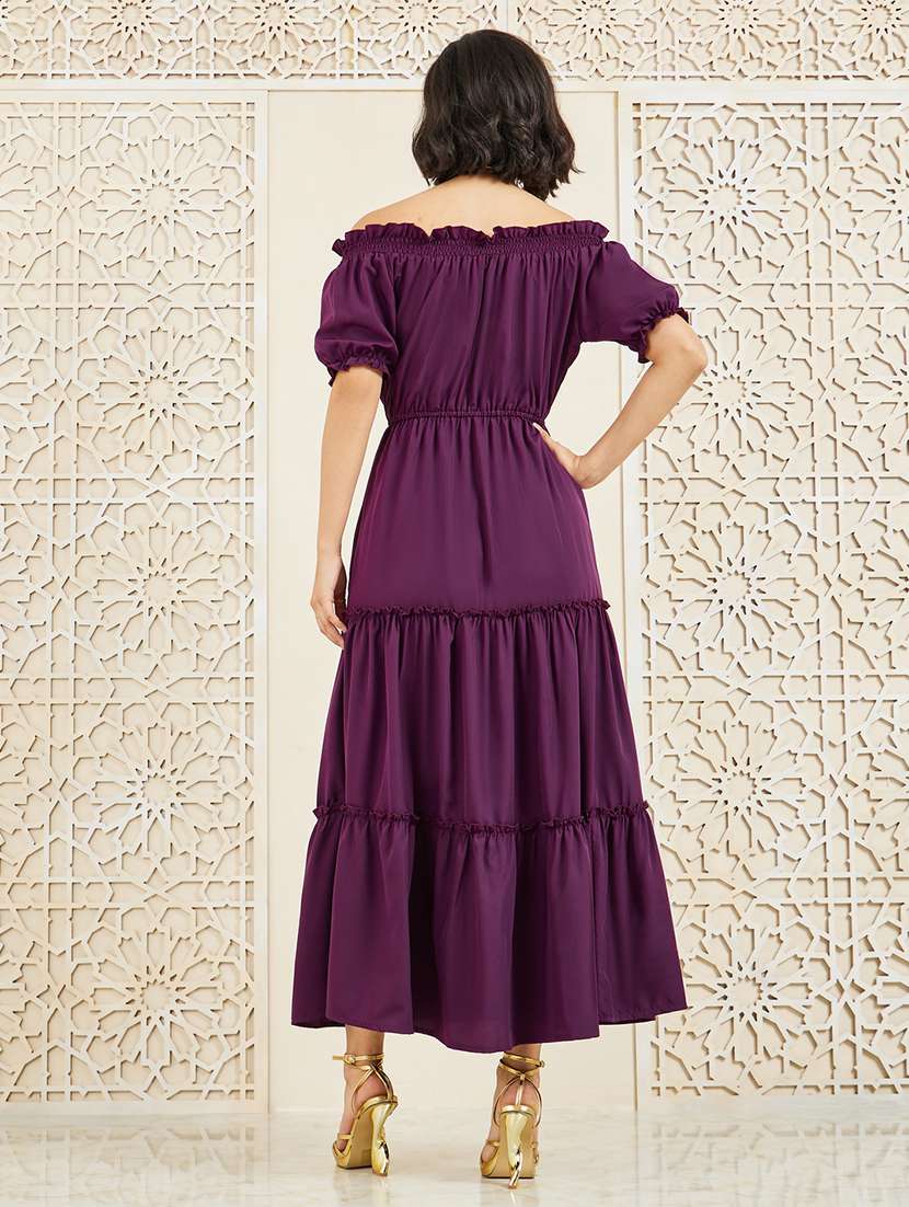 women purple solid off shoulder tiered dress - 22176594 -  Standard Image - 2