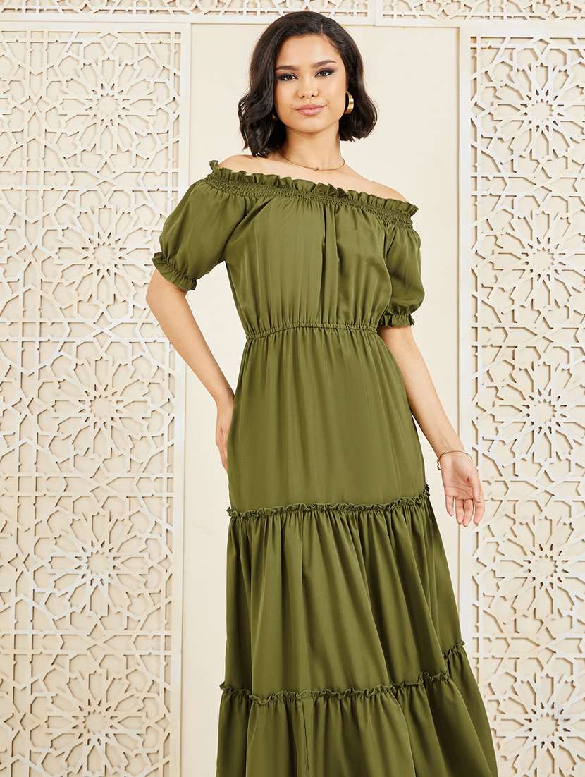 women olive solid off shoulder tiered dress