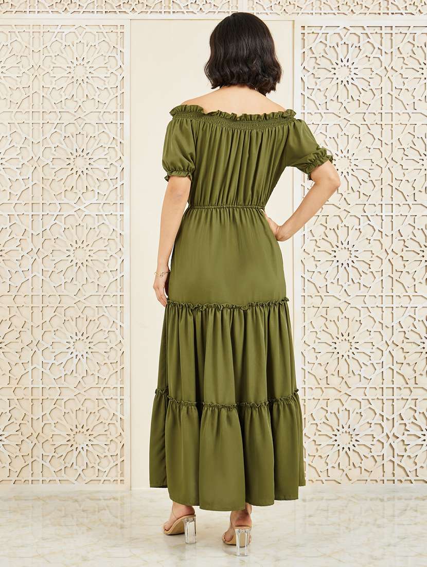 women olive solid off shoulder tiered dress - 22176595 -  Standard Image - 2