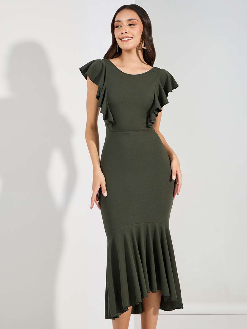 women solid ruffle sleeve tiered dress